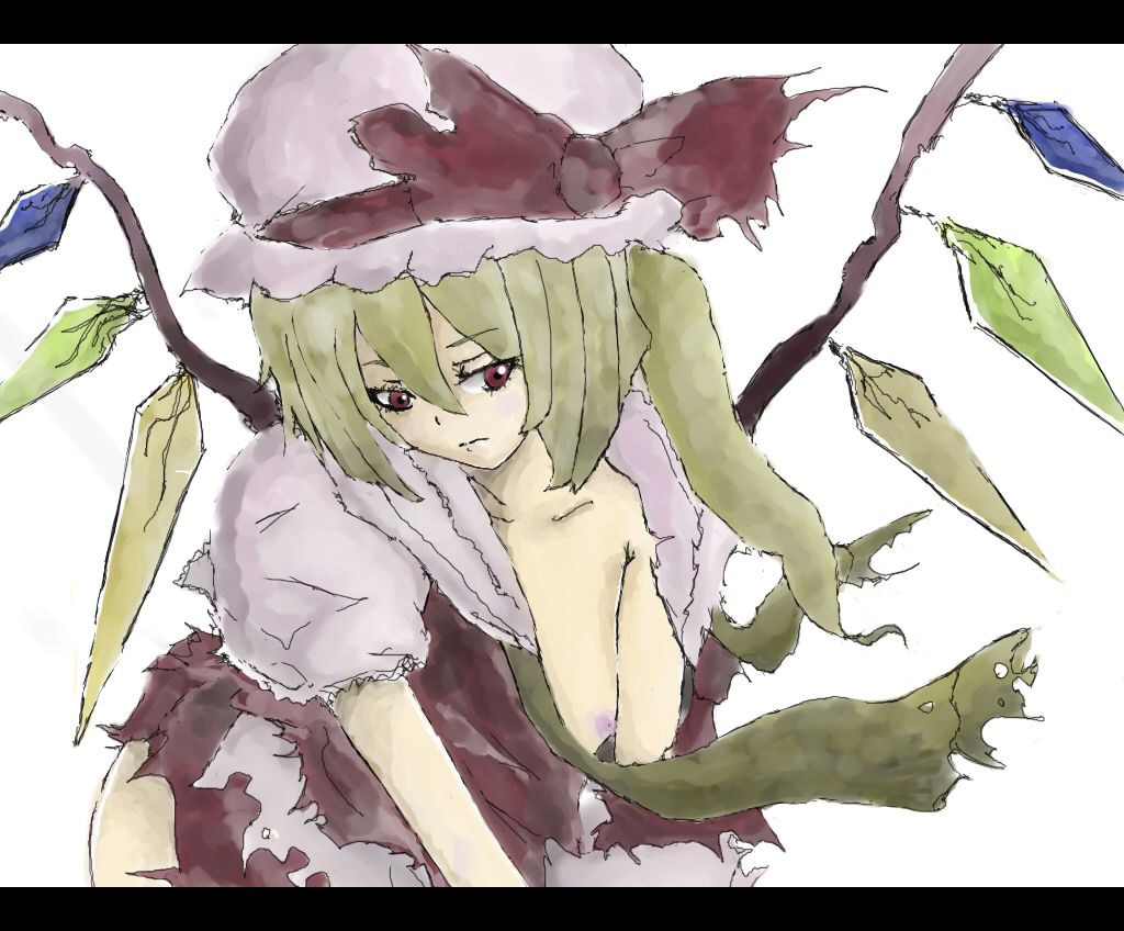 usshi (kurea911), flandre scarlet, touhou, bad id, bad pixiv id, 1girl, blonde hair, breasts, female focus, hat, letterboxed, mob cap, nipples, ribbon, small breasts, solo, wings