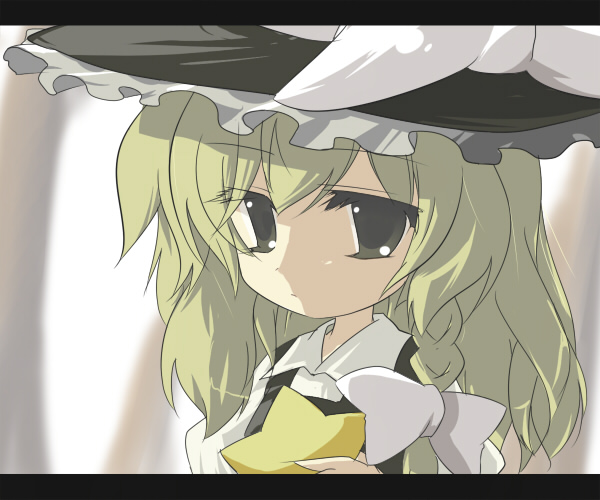 oka (bananashoe), kirisame marisa, touhou, 1girl, blonde hair, female focus, hat, letterboxed, long hair, ribbon, solo, star (symbol), upper body