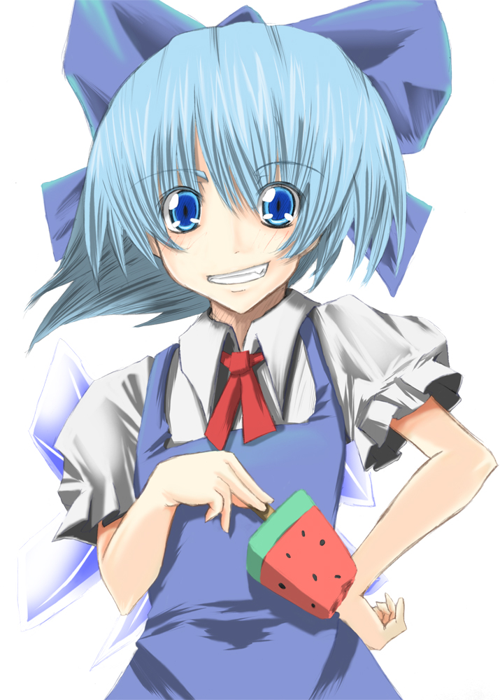 r0g0b0, cirno, embodiment of scarlet devil, touhou, bad id, bad pixiv id, 1girl, blue hair, dress, female focus, food, fruit, hand on own hip, popsicle, ribbon, simple background, solo, watermelon, watermelon bar, white background, wings