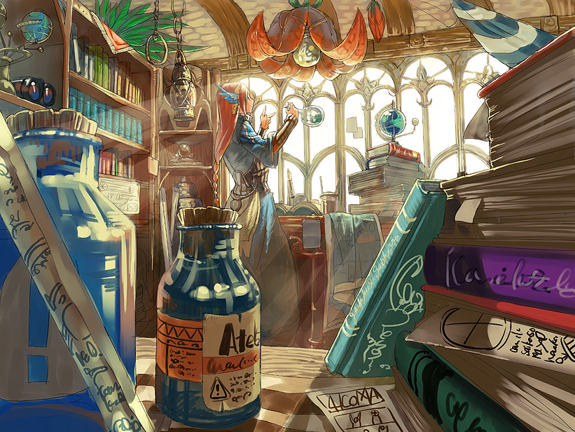 yamakawa, original, 1girl, book, fantasy, female focus, paper, plant, room, solo, window, witch