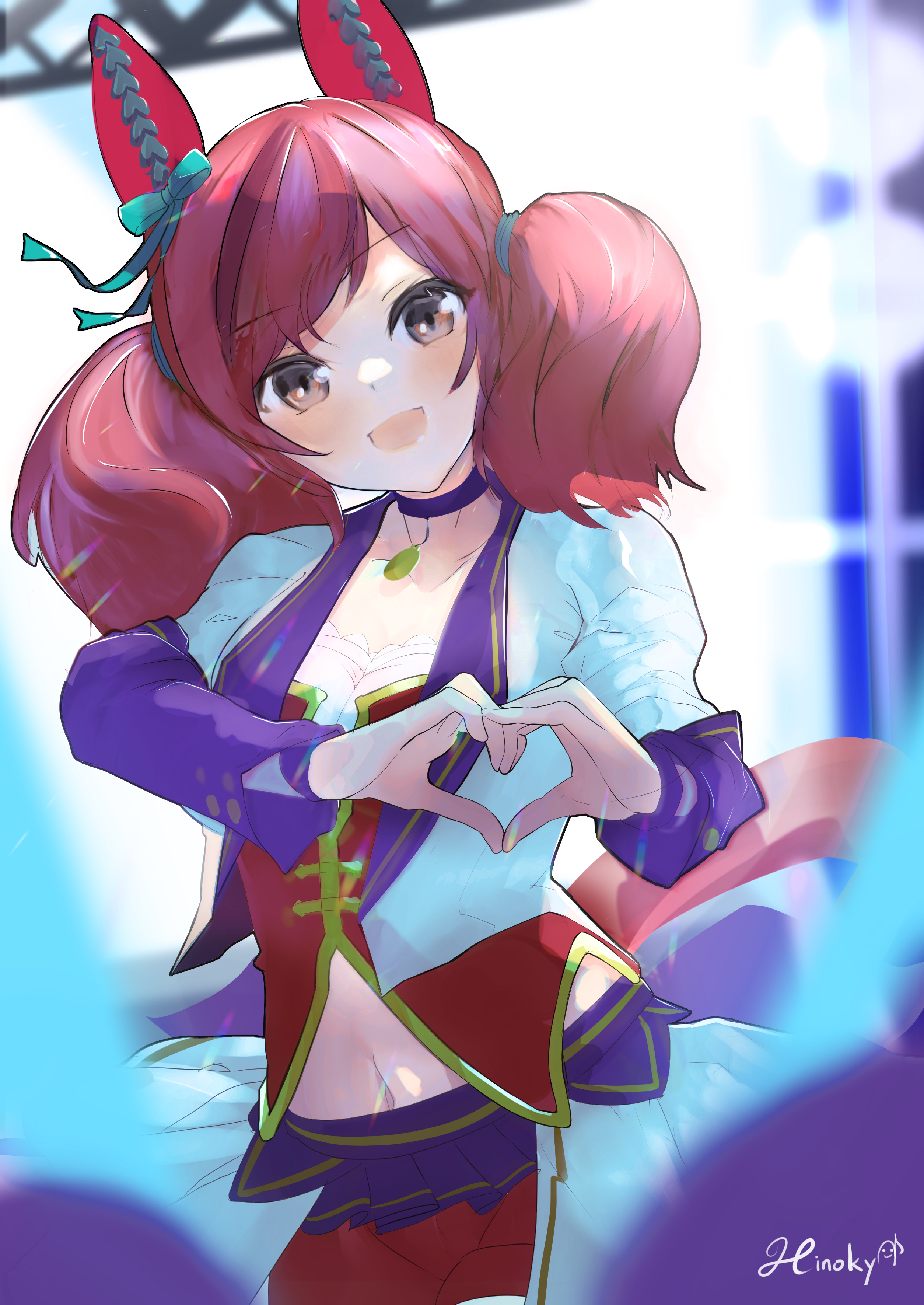 hinokey (hinokey0126), nice nature (umamusume), umamusume, absurdres, highres, 1girl, animal ears, blush, bow, breasts, brown eyes, brown hair, choker, cleavage, collarbone, corset, cropped jacket, ear covers, ear ornament, ear ribbon, green bow, heart, heart hands, horse ears, horse girl, horse tail, jacket, long hair, long sleeves, looking at viewer, medium breasts, midriff, multicolored hair, navel, official alternate costume, open mouth, overskirt, pendant choker, purple choker, red corset, red shorts, shorts, shorts under skirt, skirt, smile, solo, starting future (umamusume), streaked hair, tail, twintails, white jacket, white overskirt