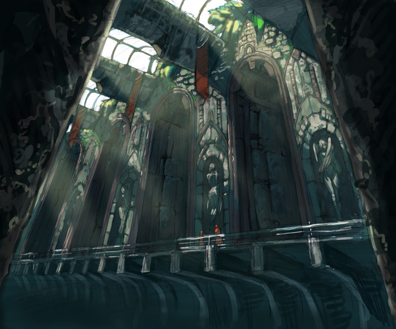 yamakawa, original, wall, 1boy, 1girl, arch, banner, cloak, day, from below, hood, hooded cloak, indoors, light rays, moss, perspective, plant, railing, ruins, scenery, sky, standing, statue, stone wall, sunlight, window