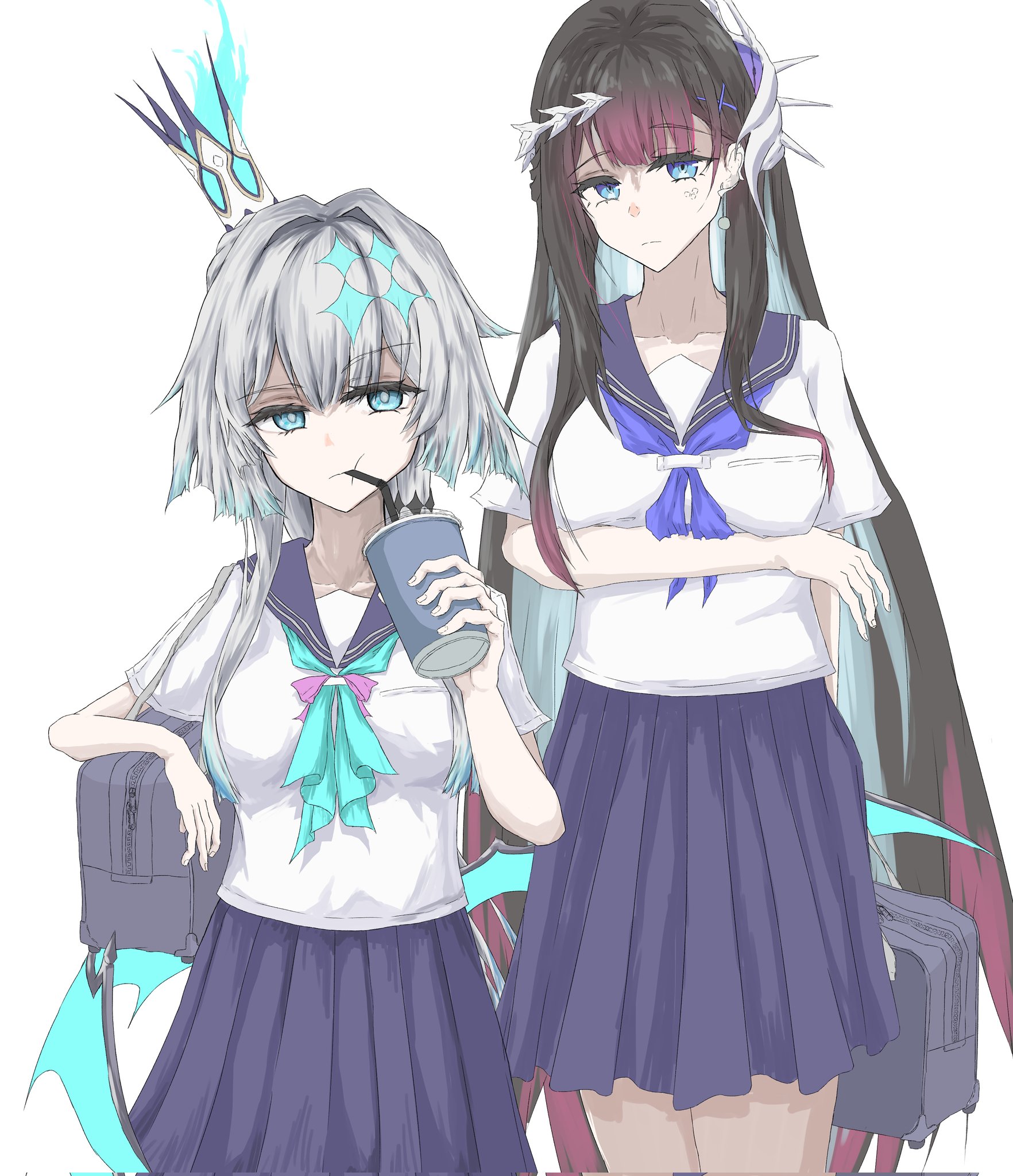 cerydra (honkai: star rail), hysilens (honkai: star rail), honkai: star rail, honkai (series), commentary request, highres, 2girls, bag, black hair, blue eyes, blue skirt, breasts, cowboy shot, crown, cup, disposable cup, drinking, drinking straw, hair ornament, holding, holding cup, large breasts, long hair, looking at viewer, medium breasts, multiple girls, official alternate costume, okome is tomato, pleated skirt, school uniform, serafuku, shoulder bag, simple background, skirt, thighs, very long hair, white background, white serafuku