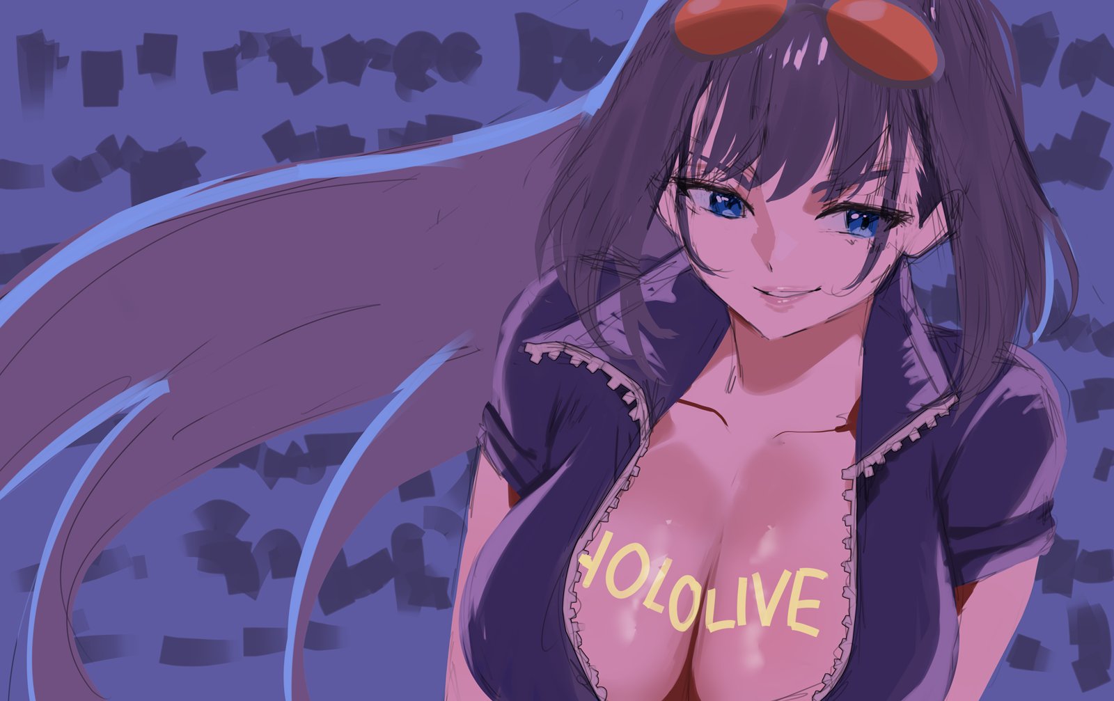 redi (rasec asdjh), nico robin, ouro kronii, hololive, hololive english, one piece, highres, 1girl, black hair, blue eyes, blue jacket, breasts, cleavage, copyright name, cosplay, eyewear on head, jacket, large breasts, nico robin (cosplay), parted lips, scene reference, smile, solo, sunglasses, upper body