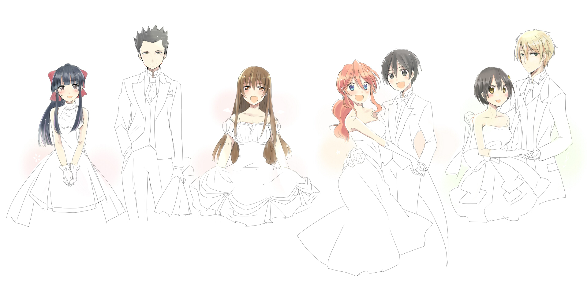 fuurin kingyou, erica fontaine, gemini sunrise, oogami ichirou, shinguuji sakura, taiga shinjirou, sakura taisen, sakura taisen iii, sakura taisen v, highres, 3boys, 4girls, black eyes, black hair, blonde hair, blue eyes, blush, bouquet, bride, brown eyes, brown hair, dress, flower, formal clothes, gloves, groom, hair ribbon, hand in pocket, hetero, holding, holding bouquet, holding hands, hugo juliard, long hair, long sleeves, looking at viewer, miyabi neko, multiple boys, multiple girls, open mouth, own hands clasped, own hands together, ponytail, puffy sleeves, red dress, red gloves, red hair, ribbon, sakura taisen: kanade-gumi, sidelocks, skirt hold, smile, spiked hair, suit, wedding dress, white dress, white gloves, white suit