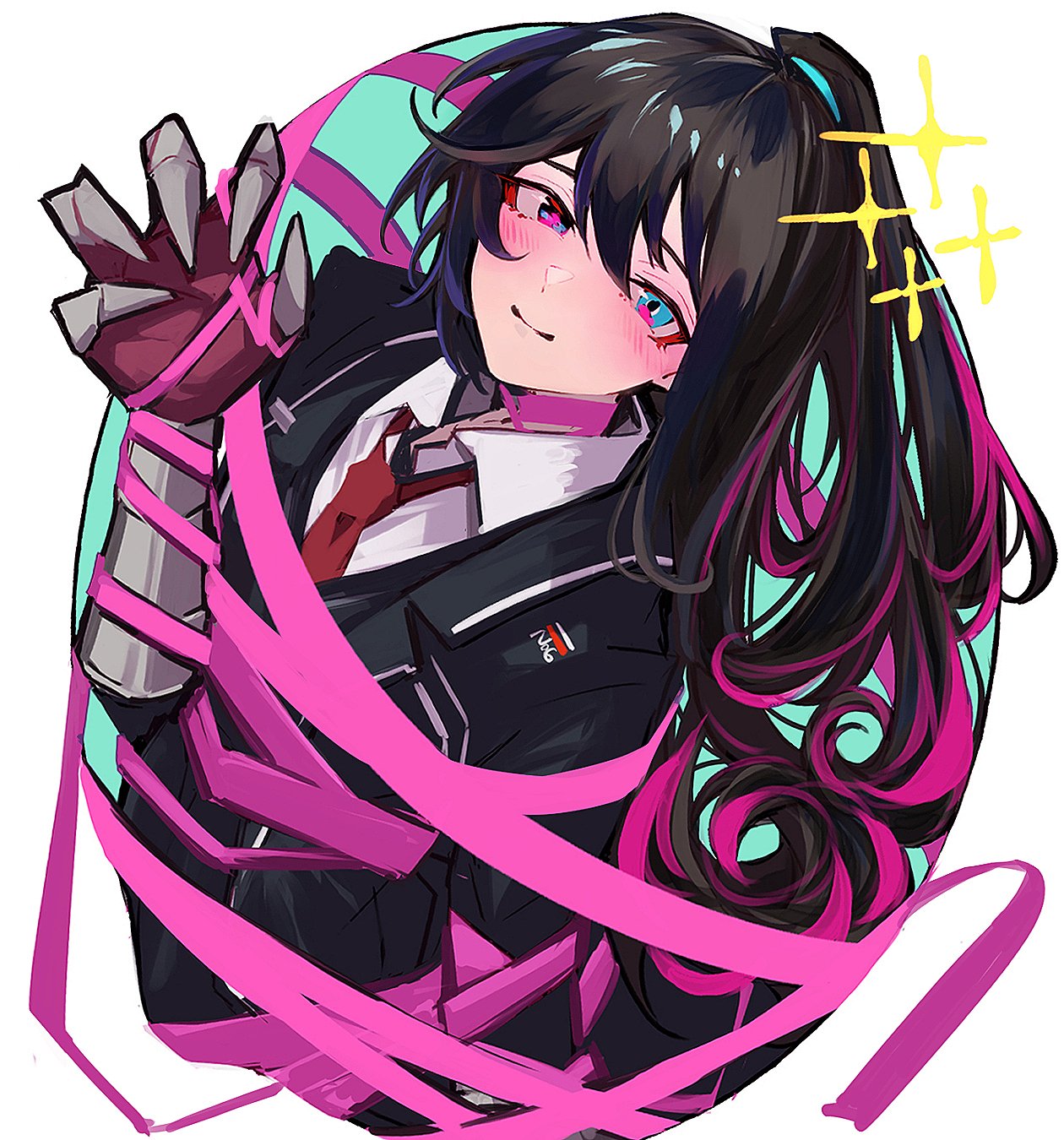 nakame77, hong lu (project moon), limbus company, project moon, highres, 1boy, black coat, black hair, black pants, black vest, blue eyes, bound, claws, coat, collared shirt, e.g.o (project moon), gauntlets, heterochromia, long hair, long sleeves, looking at viewer, male focus, necktie, pants, pink eyes, pink ribbon, ponytail, red necktie, ribbon, roseate desire (e.g.o), shirt, simple background, single gauntlet, smile, solo, tied up (nonsexual), upper body, vest, white background, white shirt
