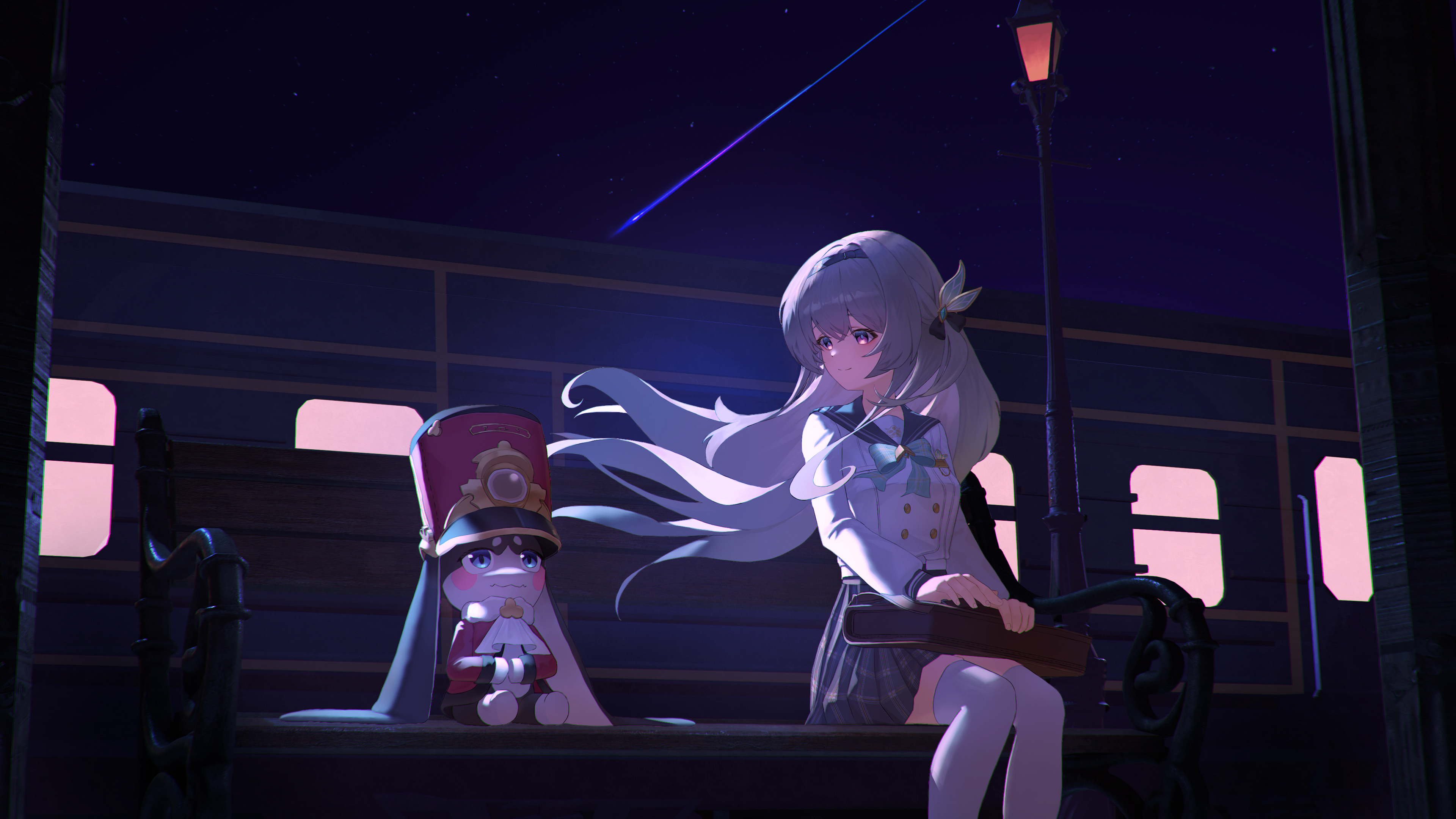box (bagsang59049289), firefly (honkai: star rail), firefly (spring missive) (honkai: star rail), pom-pom (honkai: star rail), honkai: star rail, honkai (series), absurdres, highres, 1girl, 1other, bag, black hairband, black ribbon, blue pupils, blush, bow, bowtie, brown bag, buttons, collared shirt, double-breasted, green bow, green bowtie, grey hair, grey skirt, hair between eyes, hair intakes, hair ornament, hair ribbon, hairband, handbag, holding, holding bag, multicolored eyes, on bench, plaid bow, plaid bowtie, plaid clothes, pleated skirt, ribbon, shirt, shooting star, skirt, sky, smile, star (sky), starry sky, thighhighs, train, white shirt, white thighhighs