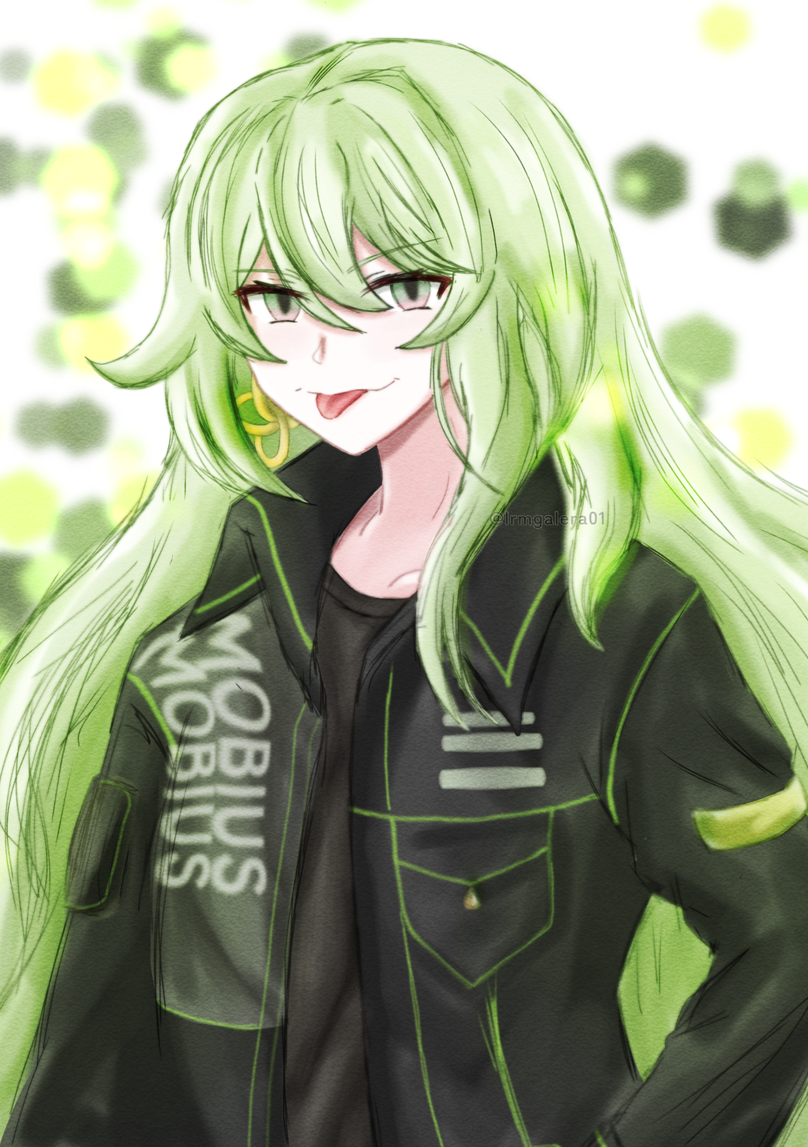 ra ruii, mobius (honkai impact), honkai (series), honkai impact 3rd, commentary, highres, 1girl, alternate costume, black jacket, black shirt, character name, clothes writing, green hair, jacket, long hair, looking at viewer, shirt, solo, tongue, tongue out, upper body, very long hair