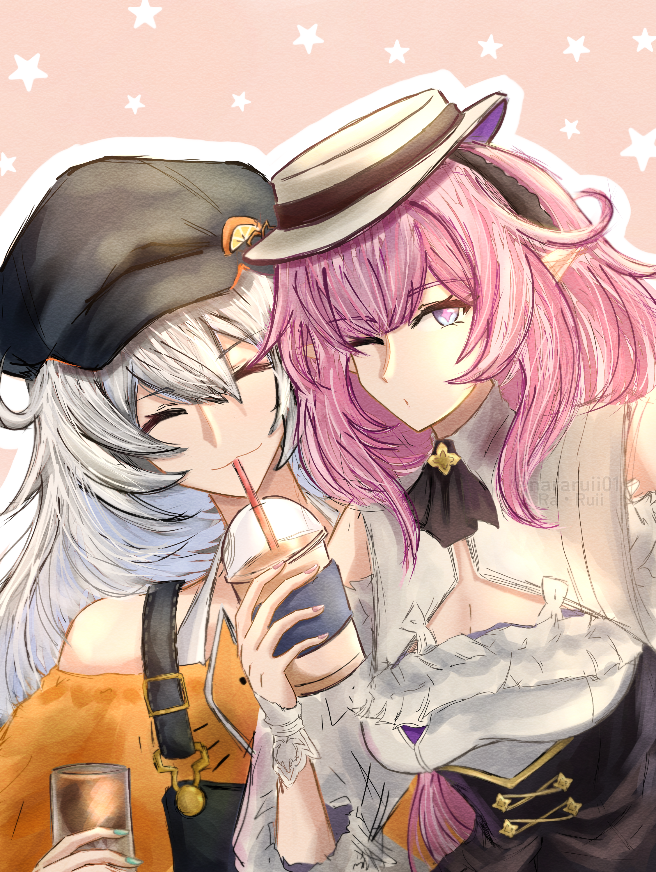 ra ruii, elysia (honkai impact), elysia (sweet memories) (honkai impact), kiana kaslana, kiana kaslana (sweet memories), honkai (series), honkai impact 3rd, absurdres, commentary, english commentary, highres, 2girls, ;), black hat, blue eyes, breasts, bubble tea, cleavage, cup, disposable cup, dress, drinking, drinking straw, elf, hat, holding, holding cup, large breasts, long hair, multiple girls, official alternate costume, one eye closed, orange tank top, pink background, pink hair, pointy ears, smile, tank top, upper body, very long hair, white dress, white hair, white hat