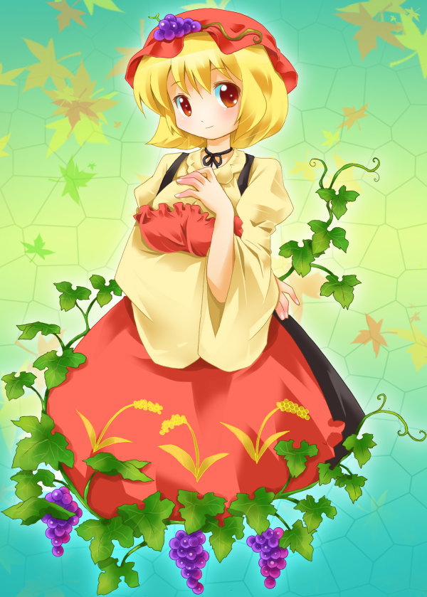 michii yuuki, aki minoriko, touhou, 1girl, blonde hair, breasts, dress, female focus, food, fruit, gradient background, grapes, hat, nature, plant, solo