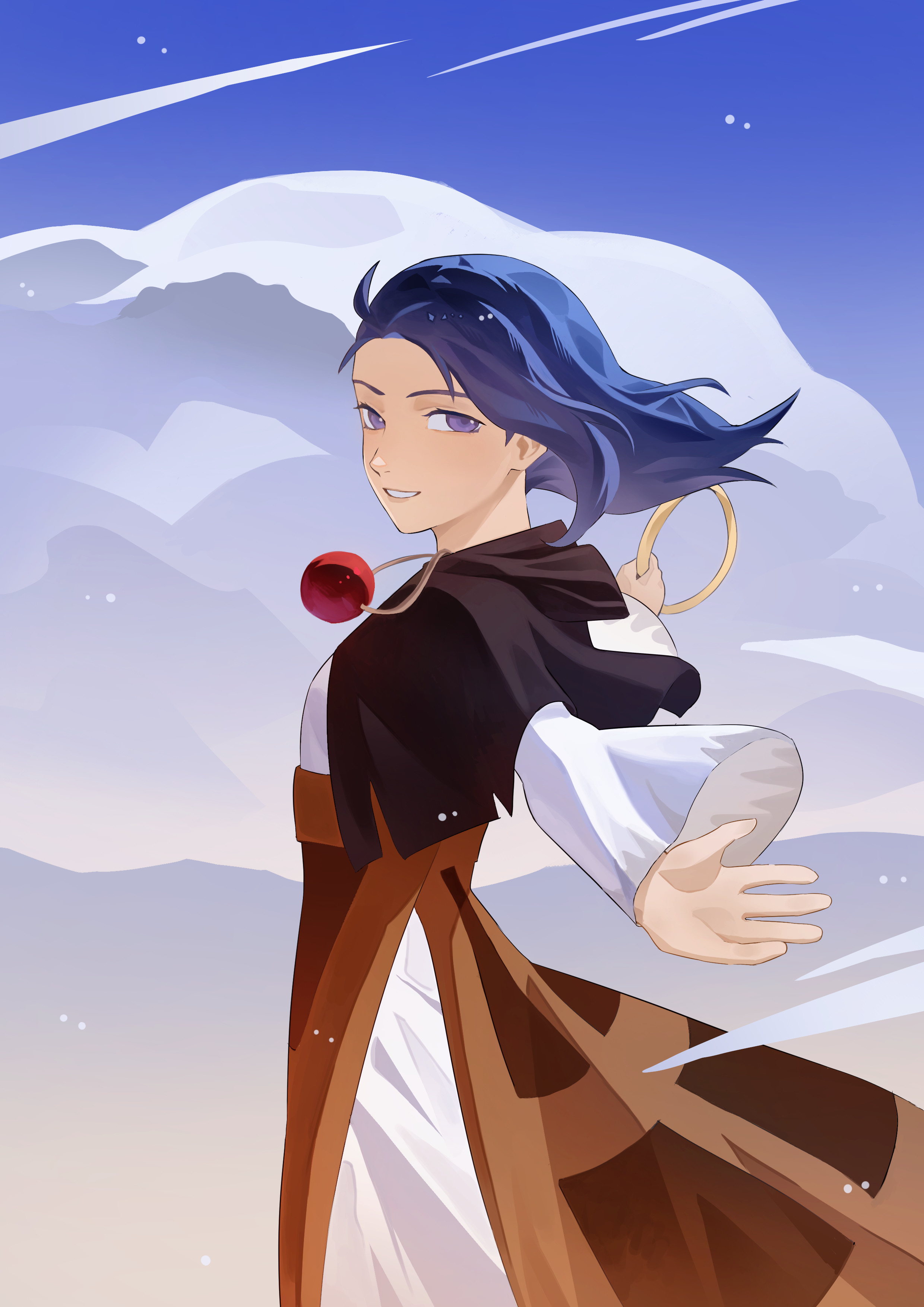 thursyue, kumoi ichirin, touhou, absurdres, highres, 1girl, blue eyes, blue hair, cloud, cowboy shot, dress, floating, floating clothes, floating hair, gradient sky, holding, holding jewelry, holding ring, hood, hood down, jewelry, kesa, long sleeves, looking at viewer, looking to the side, medium hair, outstretched arms, pendant, ring, sky, smile, solo, white dress, wind