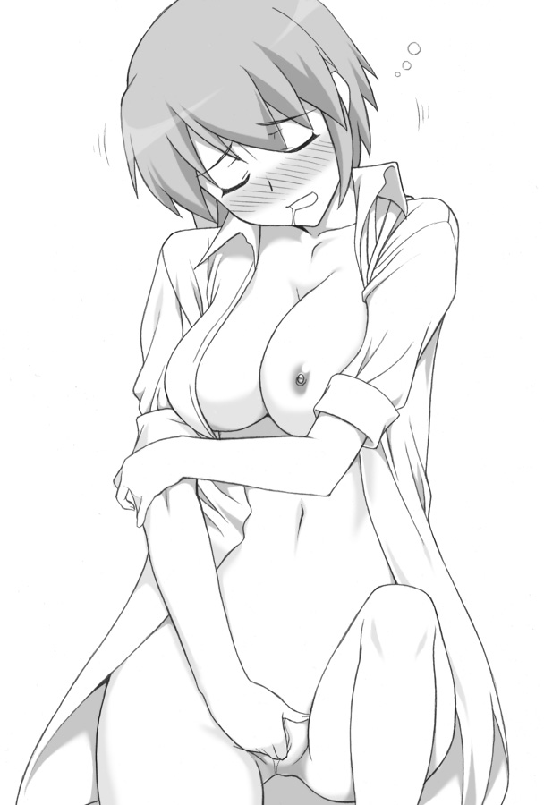shichimenchou, kotonomiya yuki, suigetsu, 1girl, blush, breasts, dress shirt, female focus, female masturbation, fingering, greyscale, masturbation, medium breasts, monochrome, naked shirt, nipples, open clothes, open shirt, pussy, pussy juice, saliva, shirt, short hair, simple background, sleeves rolled up, solo, uncensored