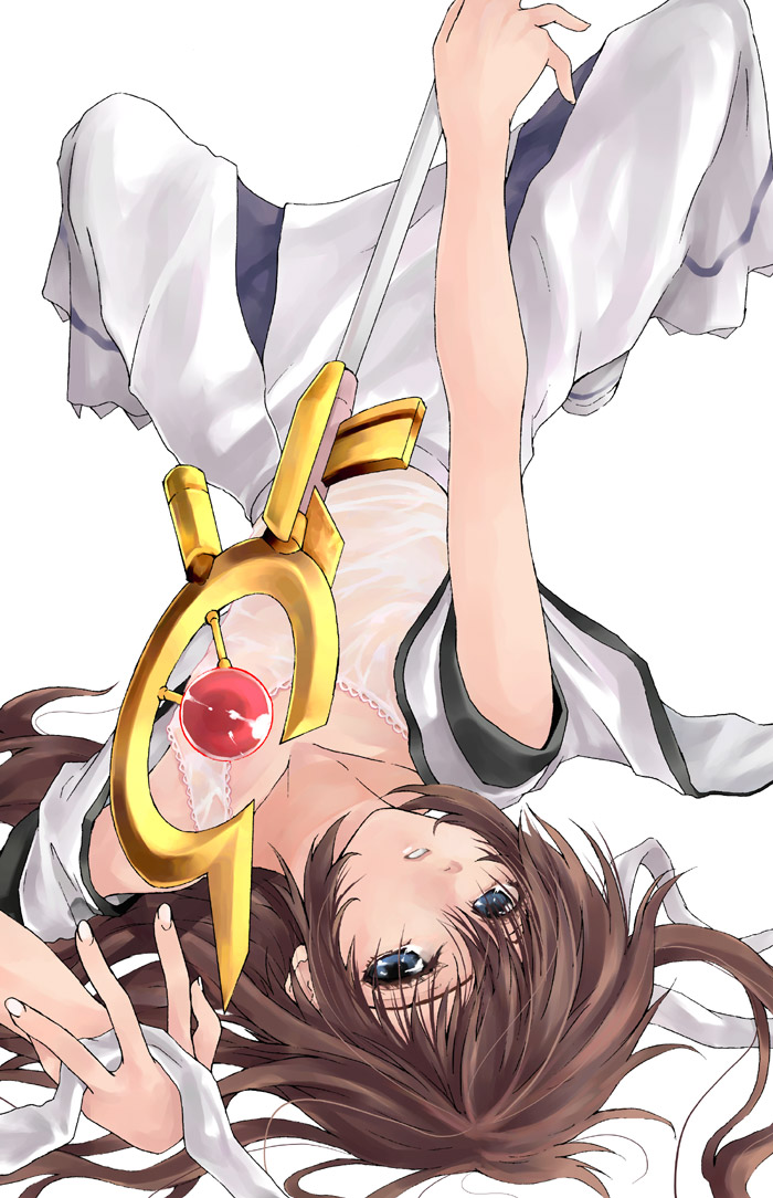 raid slash, raising heart, raising heart (accel mode), takamachi nanoha, lyrical nanoha, mahou shoujo lyrical nanoha, mahou shoujo lyrical nanoha strikers, 00s, 1girl, blue eyes, blush, brown hair, collarbone, dress, female focus, gem, looking at viewer, lying, magical girl, on back, orb, rod, simple background, solo, spread legs, staff, upside-down, white background, white dress