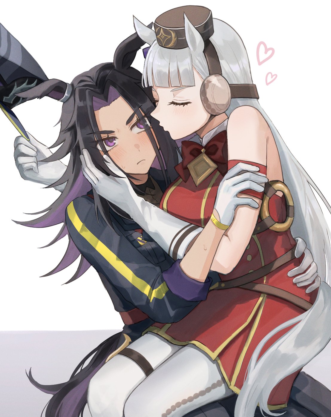 himo (user rzgz5877), fenomeno (umamusume), gold ship (umamusume), umamusume, highres, 2girls, animal ears, armband, bare shoulders, black hair, black jacket, blunt bangs, blush, bow, breasts, brown hat, closed eyes, closed mouth, ear bow, ear covers, ear ribbon, flipped hair, gloves, grey hair, hat, heart, horse ears, horse girl, horse tail, imminent kiss, jacket, kiss, large breasts, long hair, long sleeves, multicolored hair, multiple girls, pants, pantyhose, peaked cap, pillbox hat, puckered lips, purple bow, purple eyes, purple hair, red armband, shirt, simple background, sitting, sitting on lap, sitting on person, tail, thigh strap, unworn hat, unworn headwear, white gloves, white hair, white pantyhose, yuri