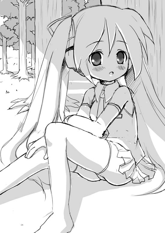 pikazo, hatsune miku, vocaloid, 1girl, blush, female focus, greyscale, long hair, monochrome, sitting, sketch, solo, thighhighs, tree, twintails, under tree, very long hair