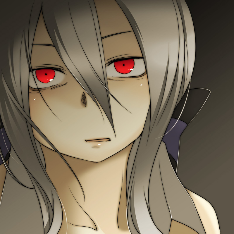 caffein, yowane haku, vocaloid, silver hair, 1girl, bare shoulders, blush, bow, close-up, collarbone, expressionless, female focus, gradient background, hair between eyes, hair bow, head tilt, long hair, looking at viewer, portrait, purple bow, red eyes, solo, upper body