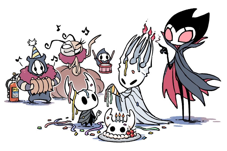 fuifui, brumm (hollow knight), divine (hollow knight), grimm (hollow knight), knight (hollow knight), pale king (hollow knight), hollow knight, commentary request, anniversary, arthropod boy, arthropod girl, cake, candle, cherry, confetti, drum, drumsticks, father and son, fire, fire extinguisher, food, fork, fruit, grey cloak, half mask, hat, holding, holding drumsticks, holding fork, hollow eyes, horned mask, instrument, mask, music, musical note, party hat, party popper, plate, red eyes, simple background, singing, white background