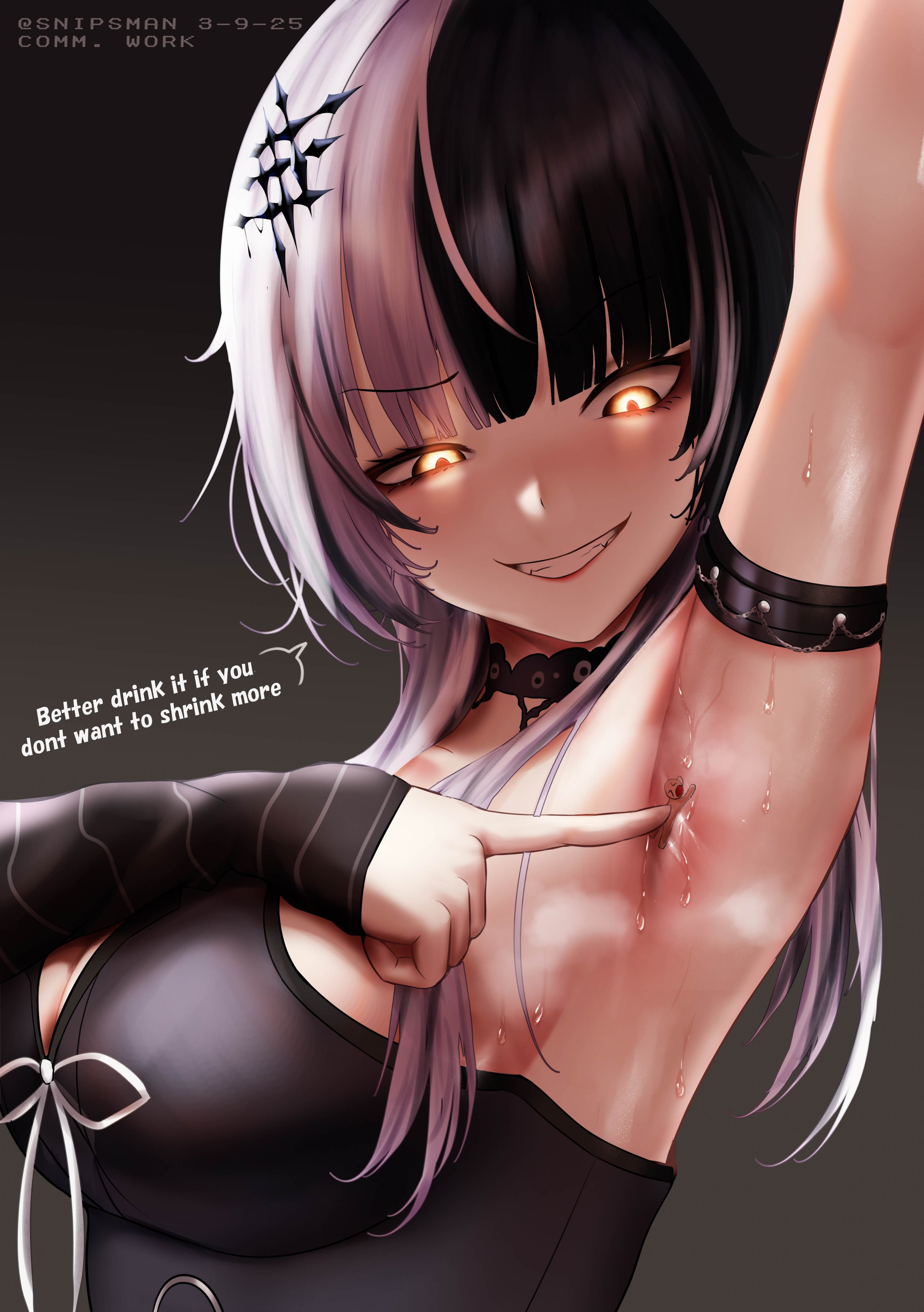 snipsman, shiori novella, hololive, hololive english, absurdres, highres, 1girl, arm up, armpits, black hair, breasts, cleavage, glowing, glowing eyes, grey background, large breasts, medium hair, multicolored hair, simple background, solo, sweat, two-tone hair, upper body, virtual youtuber, white hair