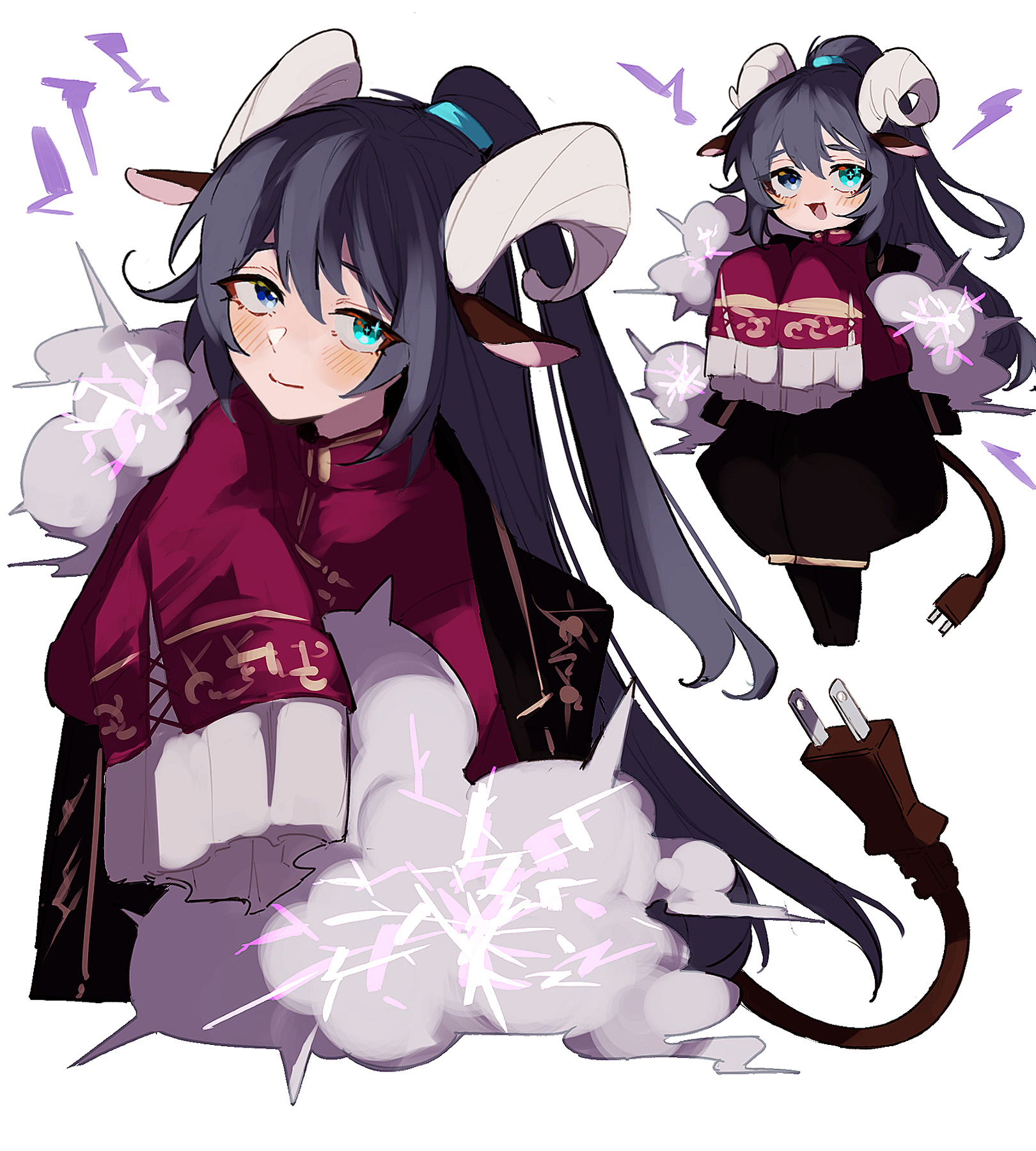 nakame77, hong lu (project moon), limbus company, project moon, highres, 1boy, alternate costume, animal ears, black eyes, black hair, black pants, blue eyes, cable, cable tail, chibi, chibi inset, electricity, full body, heterochromia, high ponytail, horns, long hair, long sleeves, looking at viewer, male focus, mechanical tail, pants, ponytail, red shirt, sheep ears, sheep horns, shirt, simple background, sleeves past fingers, sleeves past wrists, smile, solo, standing, tail, upper body, white background
