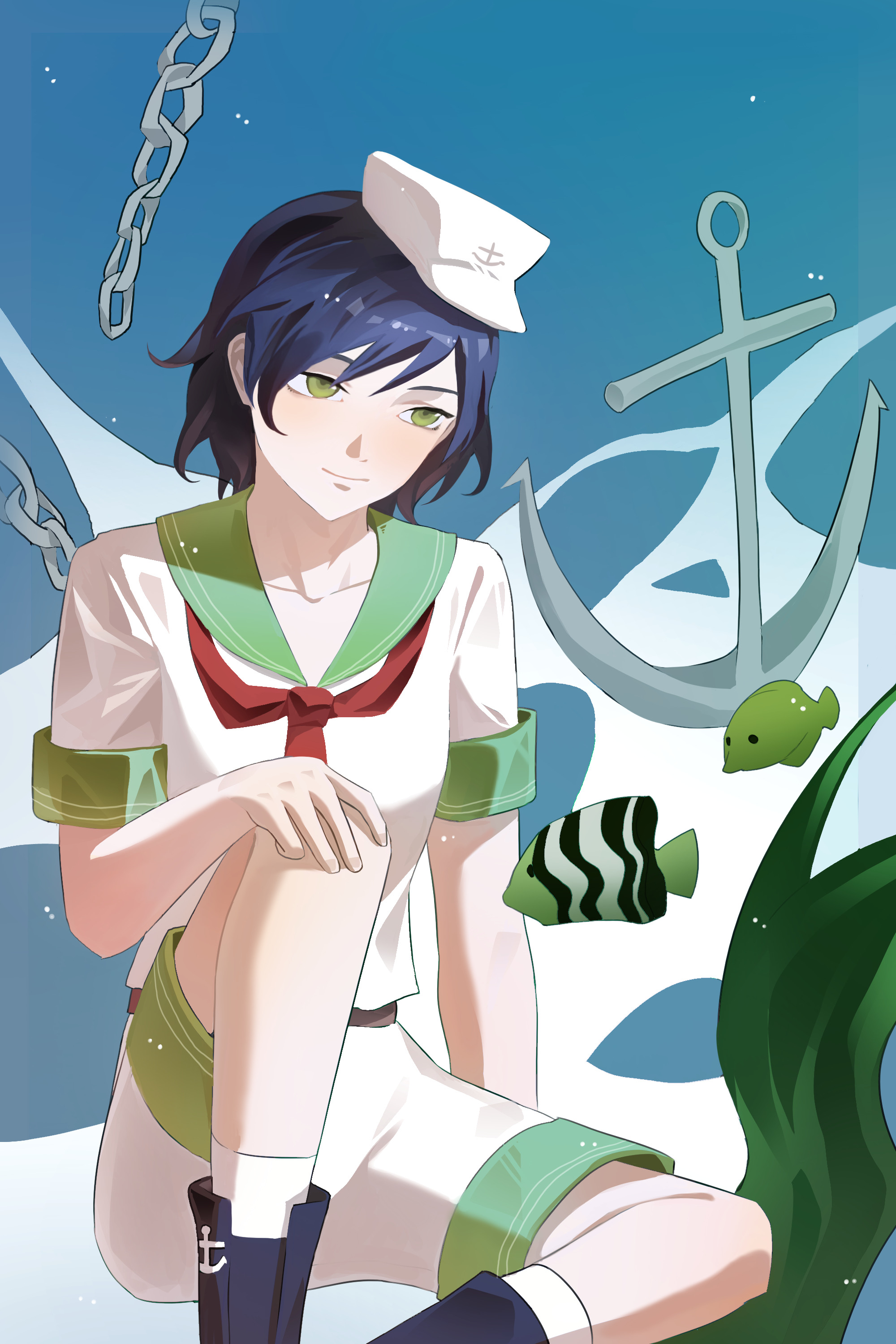 thursyue, murasa minamitsu, touhou, absurdres, highres, 1girl, anchor, anchor symbol, belt, black boots, black hair, boots, brown belt, chain, collared shirt, feet out of frame, fish, green eyes, hand on own knee, hat, knee up, light smile, neckerchief, red neckerchief, seaweed, shirt, short hair, short sleeves, shorts, sitting, socks, solo, underwater, white hat, white shirt, white shorts, white socks