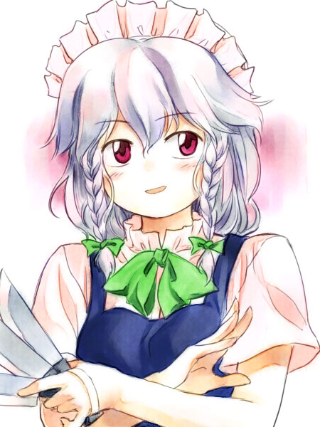 yuuki keisuke, izayoi sakuya, embodiment of scarlet devil, touhou, silver hair, 1girl, bow, bowtie, braid, female focus, hair bow, knife, official style, parody, red eyes, solo, style parody, twin braids, upper body, zun (style)