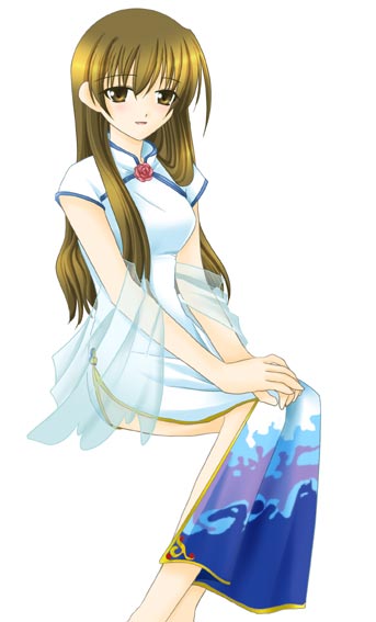 min, akanegasaki sora, ever 17, 1girl, breasts, brown eyes, brown hair, china dress, chinese clothes, dress, female focus, flower, long hair, looking at viewer, rose, see-through clothes, shawl, short sleeves, side slit, simple background, sitting, solo, white background, white dress