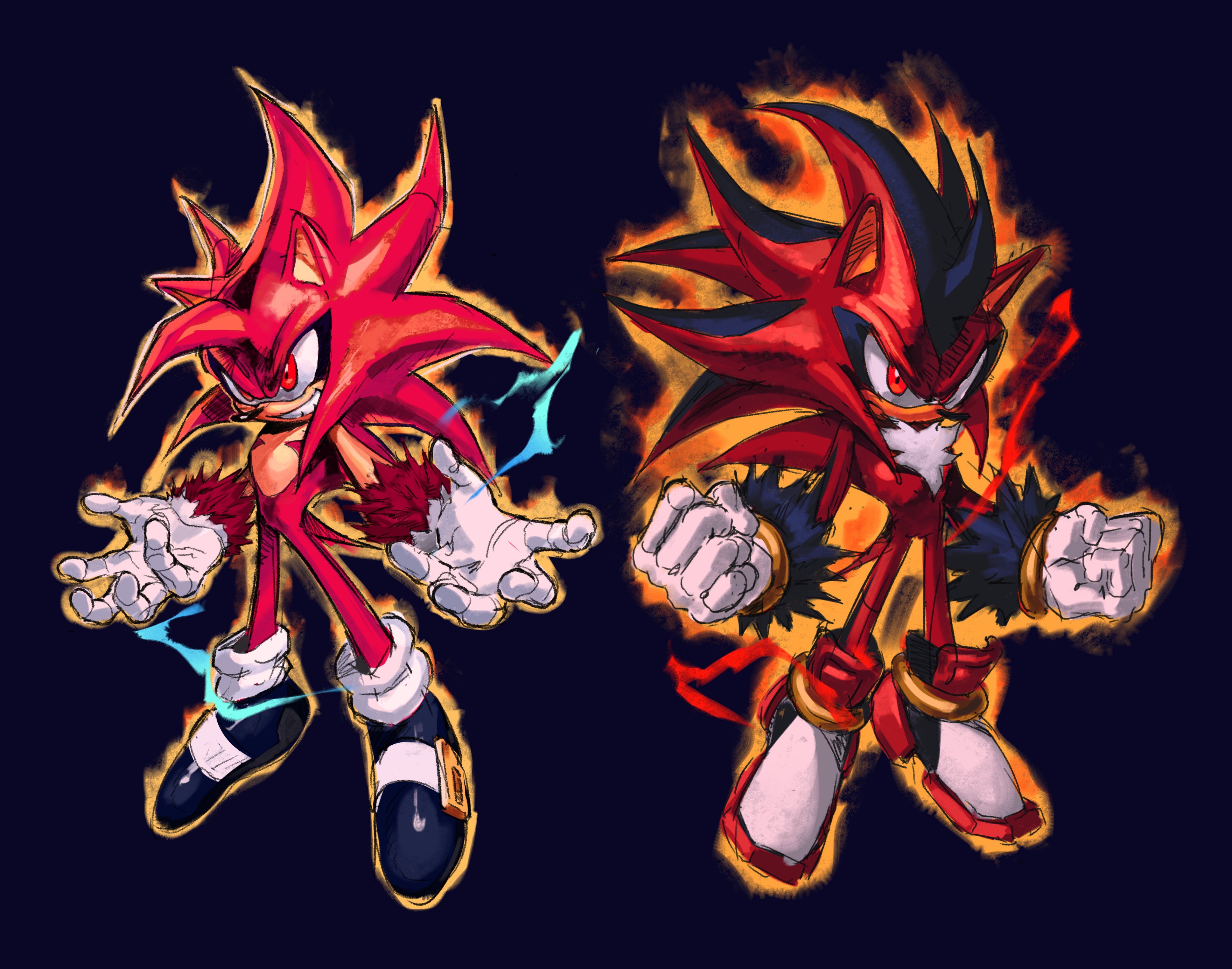 kornart, shadow the hedgehog, sonic the hedgehog, dragon ball, dragon ball daima, sonic (series), absurdres, highres, 2boys, aura, blue background, clenched hands, electricity, full body, male focus, multiple boys, red eyes, red fur, simple background, smirk, super saiyan, super saiyan 4