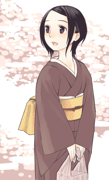 gk, original, looking away, 1girl, :d, black eyes, black hair, cowboy shot, female focus, holding, japanese clothes, kimono, obi, open mouth, parted bangs, polka dot, sash, short hair, smile, solo, v arms