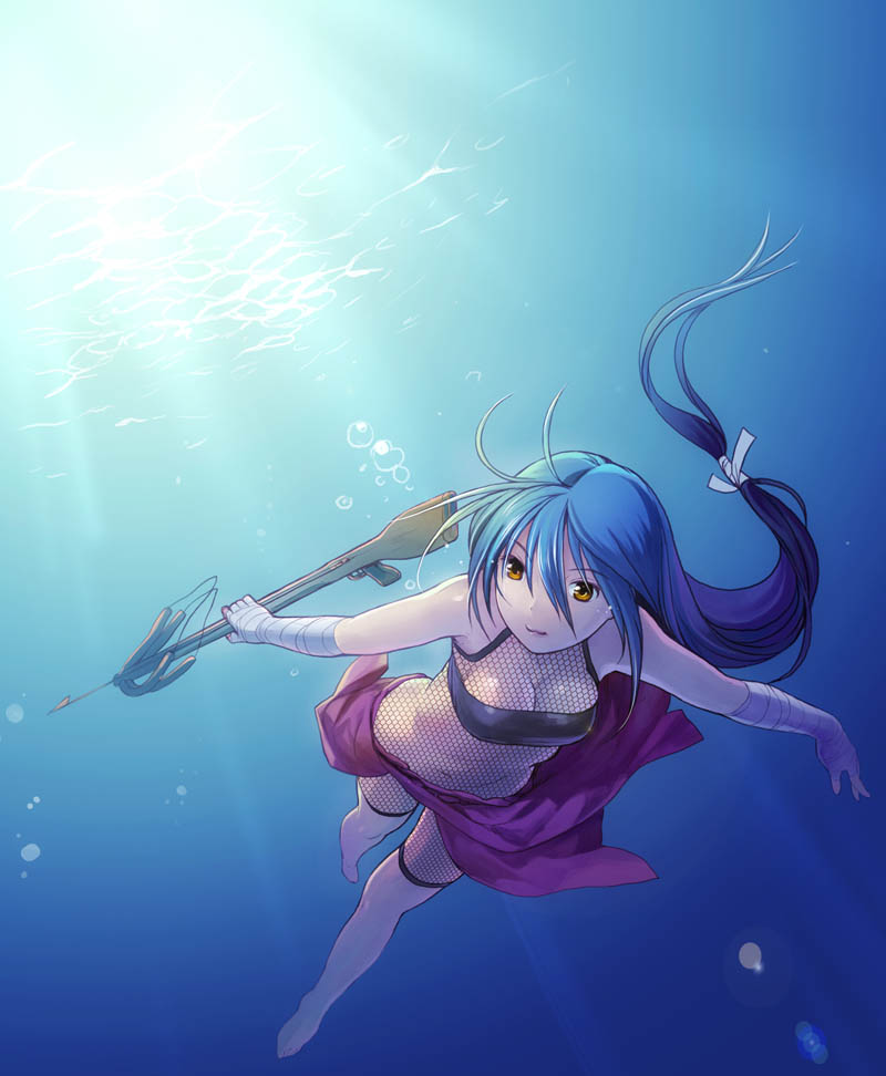 nekomata naomi, original, 1girl, bandages, bandeau, barefoot, blue hair, bodystocking, breasts, cleavage, female focus, fishnet bodystocking, fishnets, freediving, harpoon, harpoon gun, lens flare, light rays, long hair, low-tied long hair, navel, ninja, solo, sunbeam, sunlight, swimming, thighhighs, underwater, white thighhighs, wrist wrap, yellow eyes