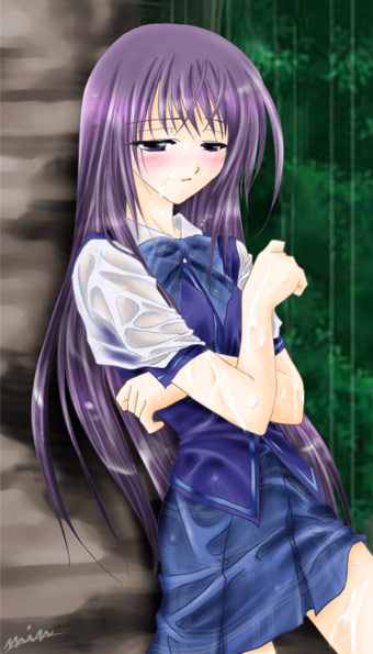 min, komachi tsugumi, ever 17, against tree, blush, bow, long hair, outdoors, purple eyes, purple hair, rain, school uniform, serafuku, signature, skirt, solo, tree, wet, wet clothes