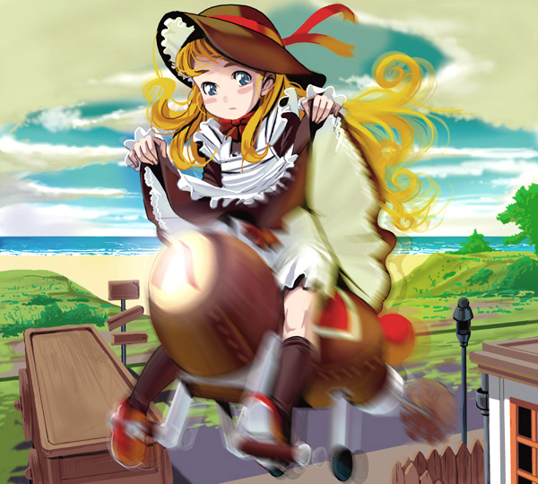kouno (masao), original, 1girl, apron, beach, blonde hair, bloomers, blue eyes, blush, bow, clothes lift, cloud, day, dress, dress lift, female focus, flying, full body, hat, kneehighs, long hair, motion blur, outdoors, skirt, skirt lift, sky, socks, solo, straddling, underwear, very long hair, white bloomers