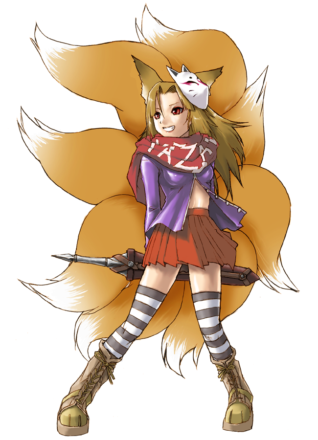 mikuni aoi, original, 1girl, animal ears, female focus, fox, fox ears, fox mask, fox tail, mask, multiple tails, scarf, solo, striped clothes, striped thighhighs, tail, thighhighs, zettai ryouiki