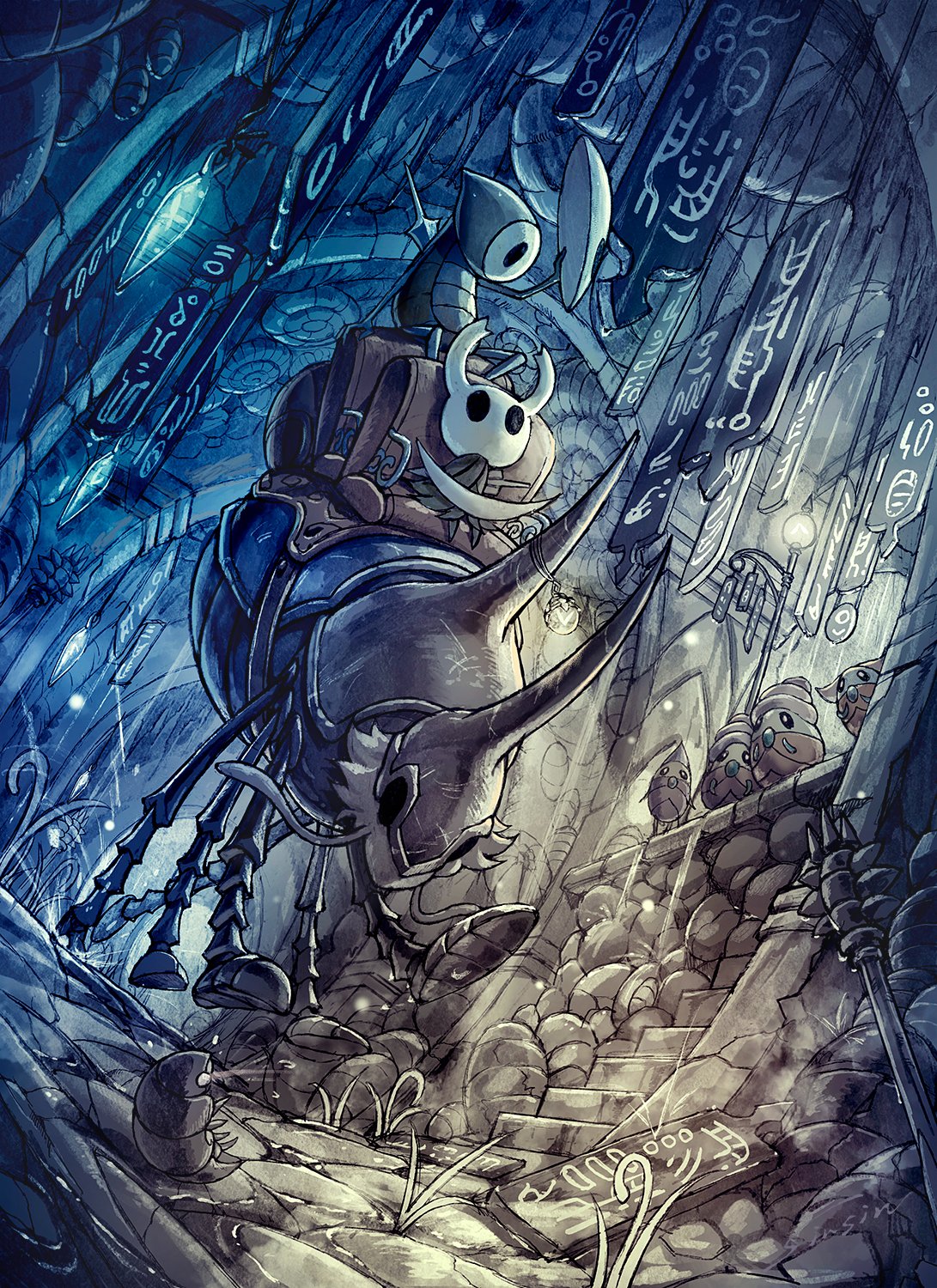 mamoru mikokoro, knight (hollow knight), quirrel, hollow knight, commentary request, highres, 1boy, 1other, cloak, from below, hollow eyes, horns, mask, nail (hollow knight), running, sitting, the last stag, unworn mask, weapon, weapon on back