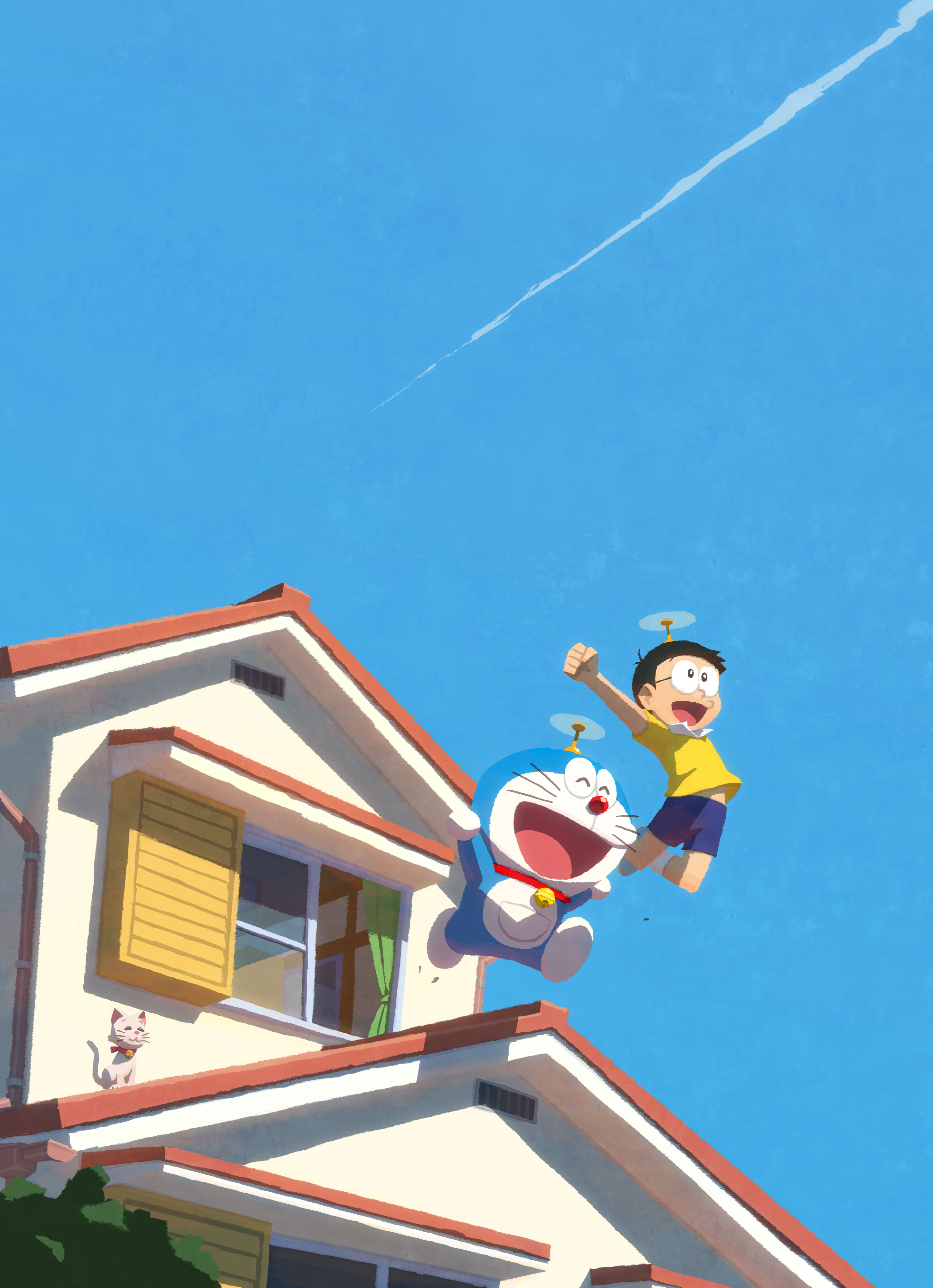 hyogonosuke, doraemon (character), nobi nobita, doraemon, absurdres, highres, 2boys, bell, black hair, blue sky, cat, contrail, flying, glasses, house, jingle bell, jumping, multiple boys, neck bell, open mouth, outdoors, outstretched arm, outstretched arms, robot, round eyewear, shirt, shorts, sky, smile, takecopter, whiskers, wide shot, window, yellow shirt