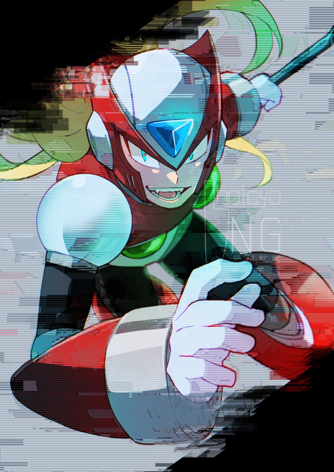 hoicyo, zero (mega man), mega man (series), mega man x4, mega man x (series), highres, 1boy, armor, blue eyes, chest jewel, fangs, forehead jewel, grey background, helmet, holding, holding lead pipe, lead pipe, open mouth, red armor, red helmet, simple background, solo, teeth, watermark
