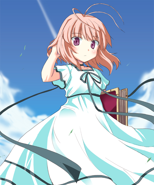 nekonote (nekono paraiso), amatsuka fubuki, baby princess, 10s, 1girl, antenna hair, book, dress, female focus, purple eyes, ribbon, short hair, solo