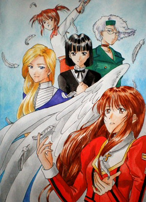 kanakoz, coquelicot (sakura taisen), erica fontaine, glycine bleumer, kitaooji hanabi, lobelia carlini, sakura taisen, sakura taisen iii, lowres, 5girls, angel wings, black eyes, black hair, black jacket, blonde hair, blue eyes, blue jacket, blunt bangs, brown eyes, brown hair, choker, coat, collar, crack, cracked glass, cross, dress, earrings, feathers, glasses, green coat, green eyes, green hairband, hairband, jacket, jewelry, juliet sleeves, latin cross, long hair, long sleeves, multiple girls, open hands, open mouth, outstretched arm, pants, pink pants, pink sailor collar, puffy sleeves, red dress, sailor collar, shirt, shoes, sidelocks, skirt, twintails, white collar, white hair, white shirt, wings