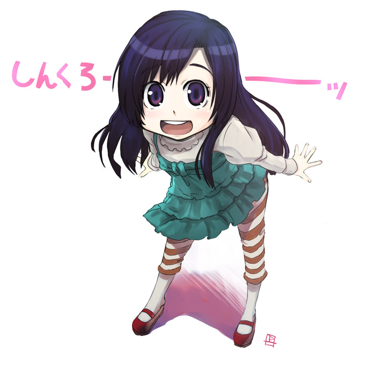 weshika, kuhouin murasaki, kure-nai, kurenai, 00s, 1girl, blue hair, female focus, leaning forward, open mouth, purple eyes, solo
