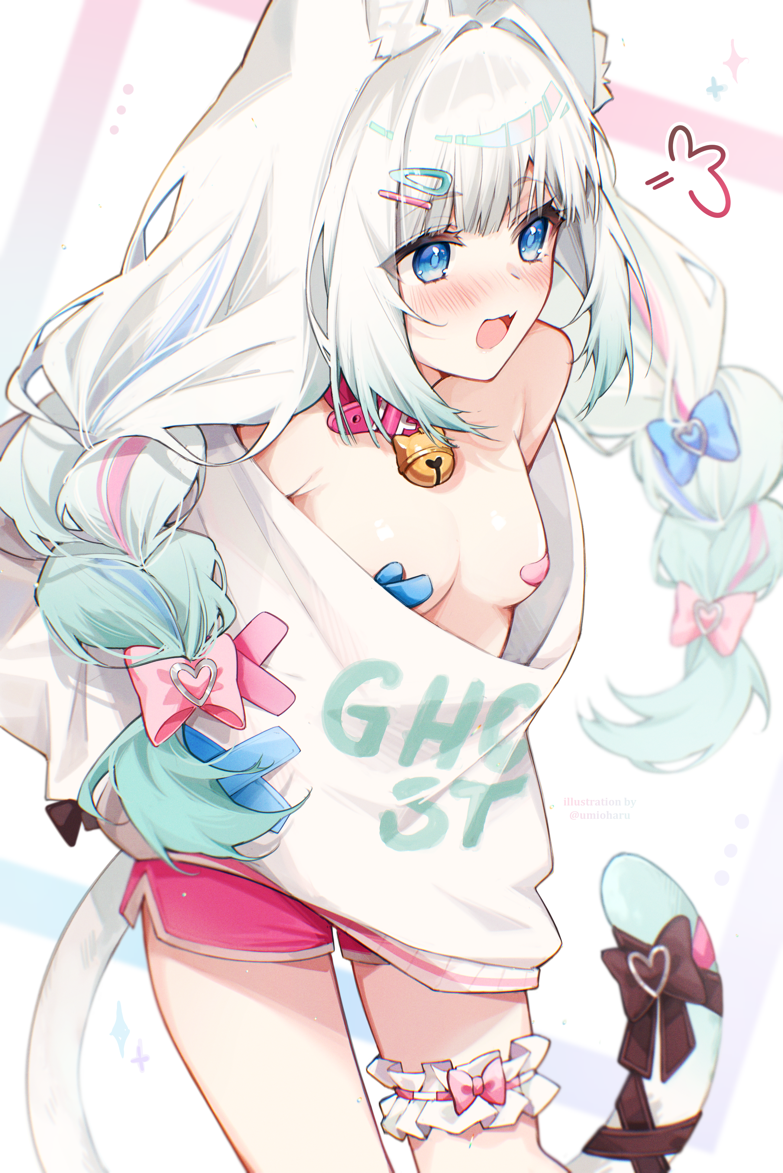 yuzureei, mint fantome, mint fantome (otaku), indie virtual youtuber, absurdres, commentary, highres, 1girl, animal ear fluff, animal ears, blue eyes, blue hair, blush, braid, breasts, cat ears, cat girl, cat tail, clothes pull, clothes writing, collar, crossed bandaids, dolphin shorts, fang, frilled thigh strap, gradient hair, green hair, hair ornament, hairclip, long hair, low twin braids, multicolored hair, no bra, official alternate costume, official alternate hairstyle, open mouth, pink collar, pink shorts, shorts, skin fang, small breasts, solo, streaked hair, sweater, sweater pull, tail, thigh strap, twin braids, virtual youtuber, white hair, white sweater