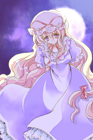 suzuki (chidori), suzuki ao, yakumo yukari, touhou, lowres, 1girl, blonde hair, bow, dress, female focus, frilled dress, frills, hair bow, hat, long hair, moon, night, purple eyes, ribbon, solo