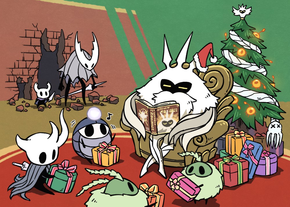 fuifui, broken vessel (hollow knight), hollow knight (character), knight (hollow knight), mosskin (hollow knight), myla (hollow knight), pale king (hollow knight), radiance (hollow knight), hollow knight, arthropod boy, arthropod girl, beard, book, christmas, christmas tree, facial hair, gift, grey cloak, hat, holding, holding book, holding weapon, hollow eyes, horned mask, mask, musical note, nail (hollow knight), open book, red hat, santa hat, sitting, weapon, x x