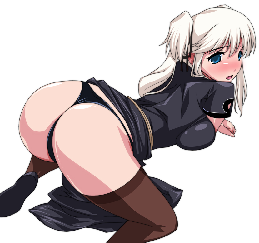 ariyon, nao (mabinogi), mabinogi, 1girl, ass, bent over, blonde hair, blue eyes, blush, breasts, curvy, female focus, large breasts, open mouth, panties, solo, thighhighs, twintails, underwear
