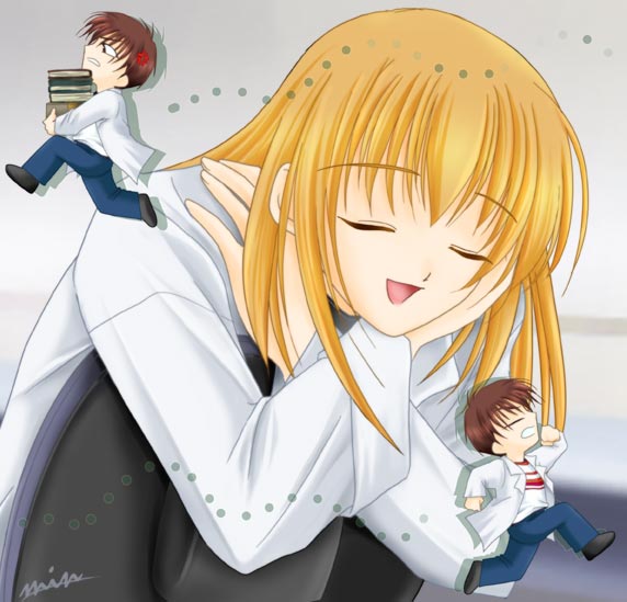 min, kaburaki ryogo, kaburaki ryougo, kuranari takeshi, tanaka yubiseiakikana, tanaka yubiseiharukana, ever 17, 1boy, 1girl, blonde hair, book, brown hair, carrying, closed eyes, running, signature, squatting