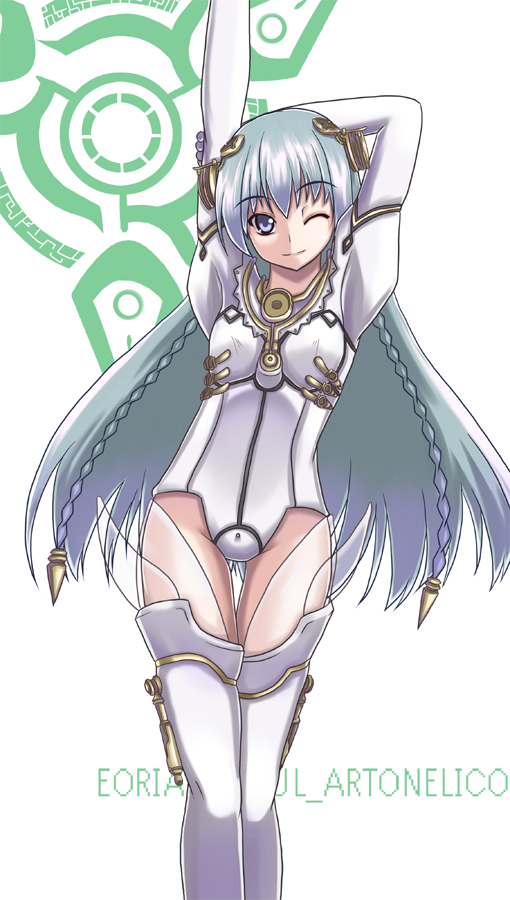 akiyasu, shurelia (ar tonelico), ar tonelico, ar tonelico i, gust, 00s, 1girl, ;), arm behind head, arms up, blue eyes, bodysuit, braid, breasts, copyright name, female focus, gloves, groin, hair ornament, headgear, highleg, highleg leotard, holding own arm, install port, lace, leaning, leotard, light smile, long hair, looking at viewer, one eye closed, see-through clothes, simple background, small breasts, smile, solo, standing, thigh gap, thighhighs, touhuya, twin braids, very long hair, white background, white hair, white thighhighs, wink
