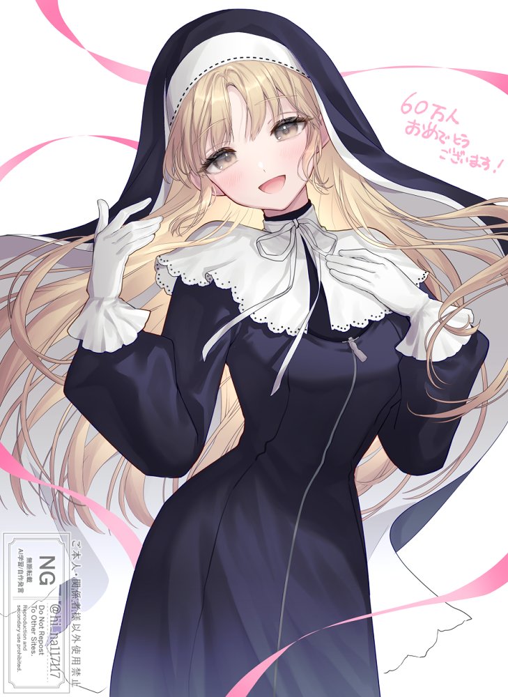 hi-na1, sister claire, nijisanji, 1girl, black dress, blonde hair, blush, breasts, brown eyes, cowboy shot, dress, grey background, long hair, nun, open mouth, pink ribbon, ribbon, simple background, smile, solo, watermark