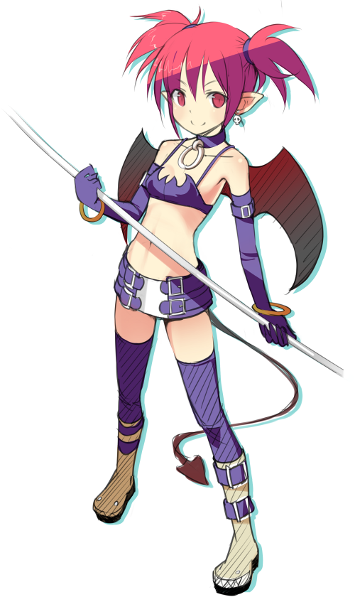 tatsukichi, etna (disgaea), disgaea, makai senki disgaea, nippon ichi, 00s, demon tail, elbow gloves, gloves, midriff, pointy ears, red eyes, red hair, short hair, smile, solo, tail, thighhighs, twintails, wings