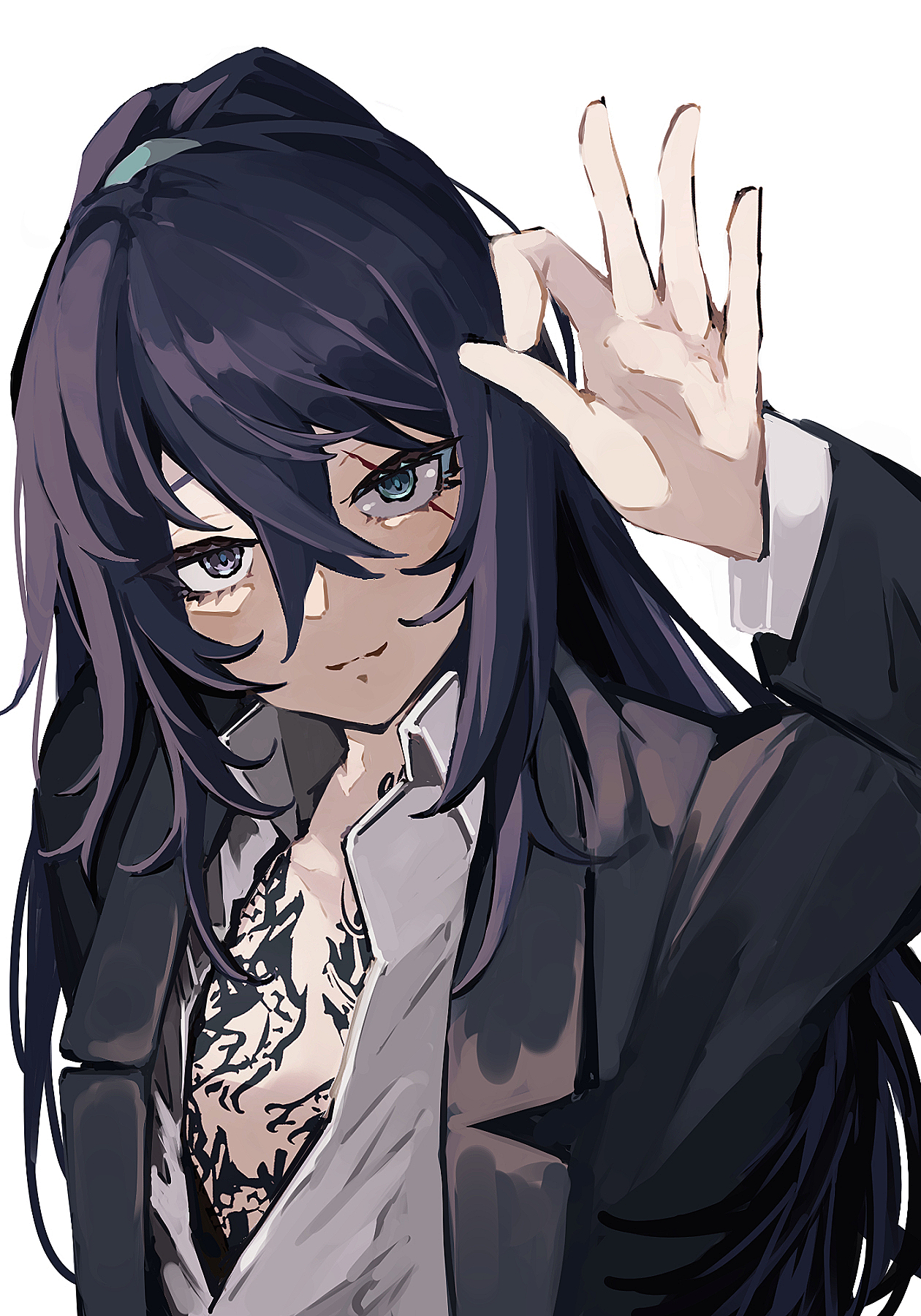 nakame77, hong lu (project moon), kurokumo clan (identity) (project moon), limbus company, project moon, highres, 1boy, black eyes, black hair, black jacket, blue eyes, cloud tattoo, collared shirt, heterochromia, high ponytail, irezumi, jacket, long hair, long sleeves, looking at viewer, male focus, ok sign, ponytail, scar, scar across eye, scar on face, shirt, simple background, solo, tattoo, upper body, white background, white shirt