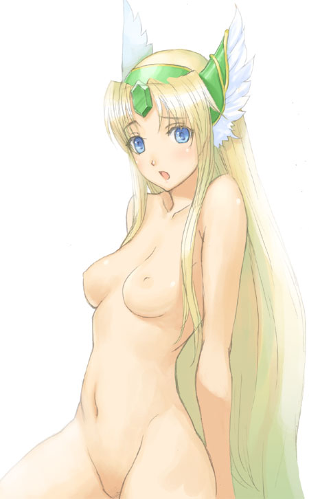 kage yuu, riesz, seiken densetsu, seiken densetsu 3, 1girl, :o, blonde hair, blue eyes, breasts, female focus, long hair, looking at viewer, nipples, nude, open mouth, simple background, solo, very long hair, white background
