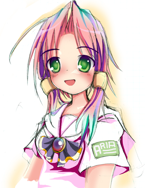 ichirino minagi, mizunashi akari, aria (manga), bad id, bad pixiv id, 00s, 1girl, blouse, female focus, green eyes, open mouth, pink hair, shirt, short hair with long locks, smile, solo, white shirt
