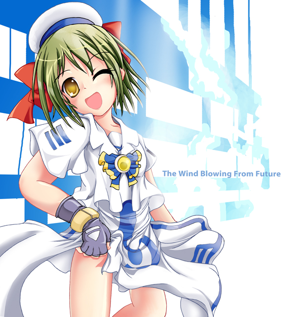 ichirino minagi, aino ai, aria (manga), bad id, bad pixiv id, 00s, 1girl, blouse, female focus, fingerless gloves, gloves, green hair, hat, one eye closed, open mouth, shirt, short hair, smile, solo, white shirt, wink, yellow eyes